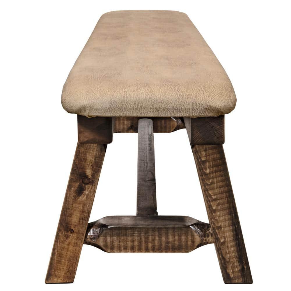 Homestead Collection 18 in. H Brown Wooden Bench with Buckskin Pattern Upholstered Seat, 5 ft. Length