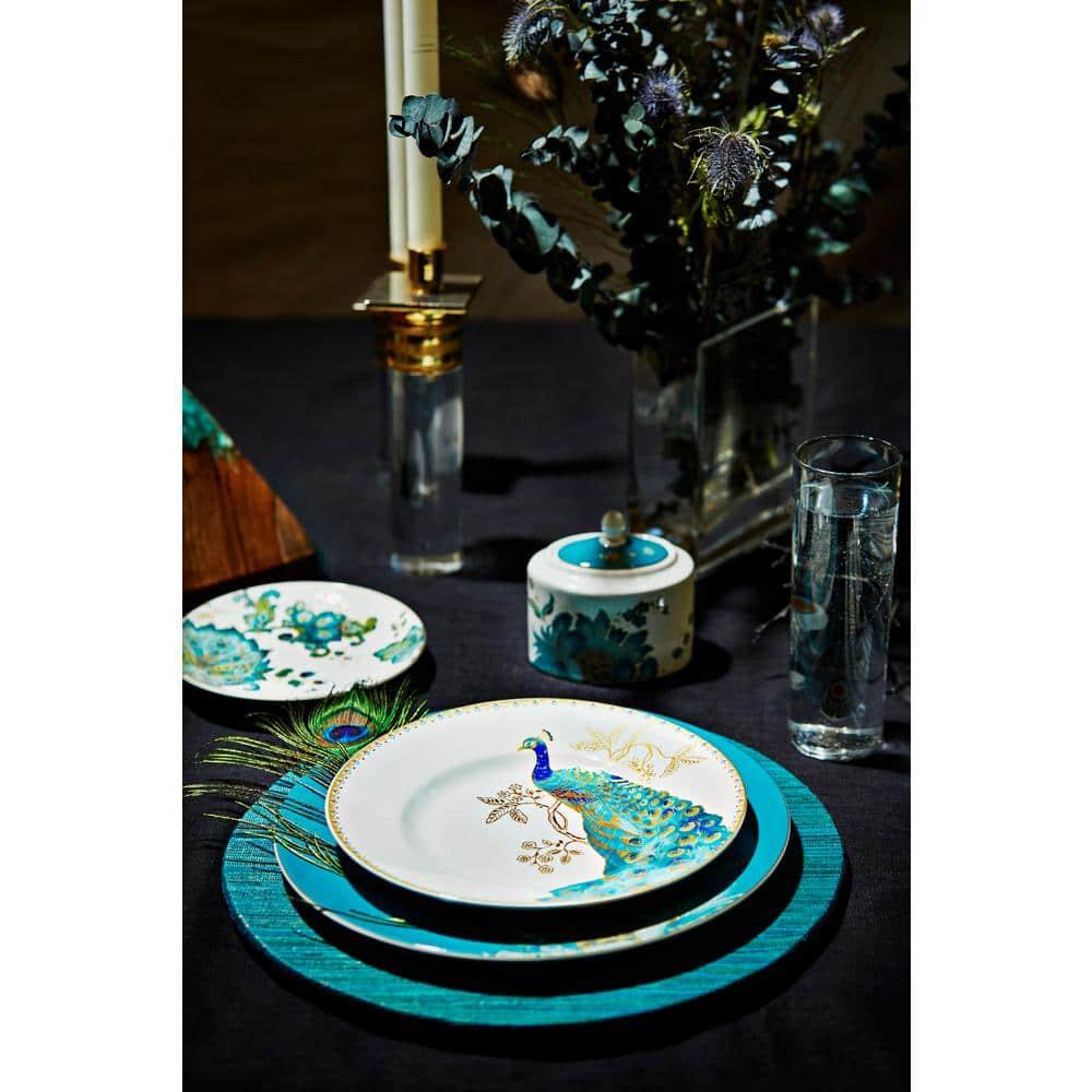 222 Fifth Peacock Garden Porcelain 16pc Dinnerware Set White: Round Dish Set, Service for 4, Bird Pattern, Dishwasher-Safe