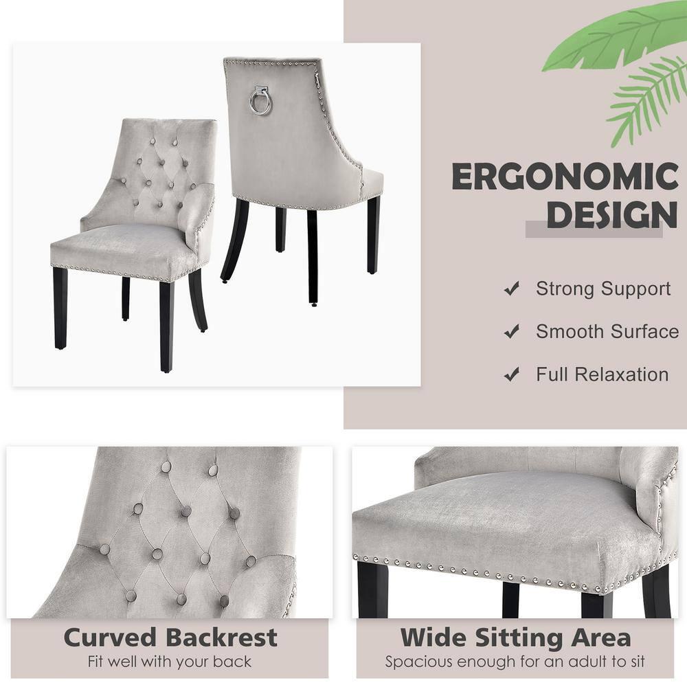 Velvet Dining Chair Upholstered Tufted Armless w/ Nailed Trim & Ring Pull Grey