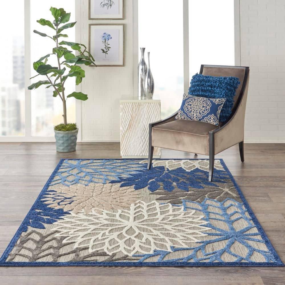 Nourison Aloha Floral Bloom Flatweave High-Low Indoor Outdoor Area Rug Blue/Multicolor 6' x 9'