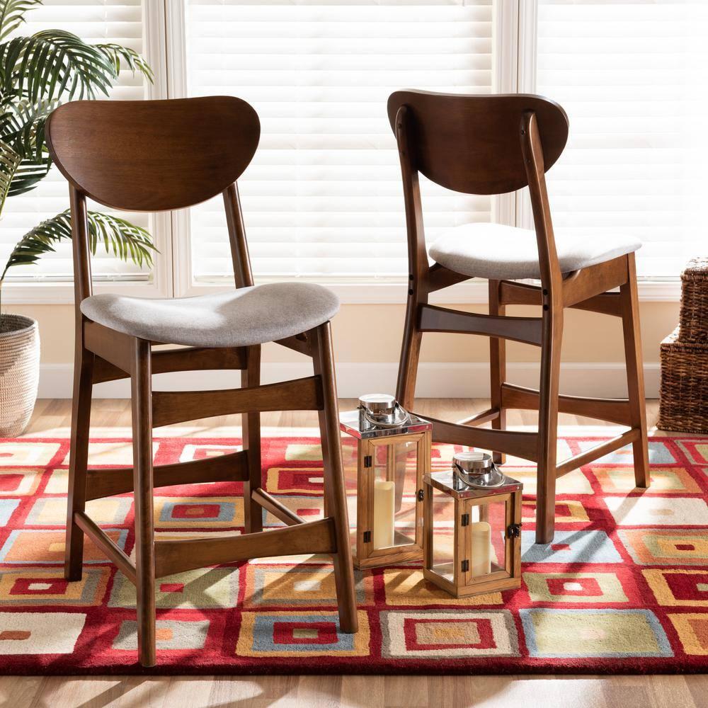 2pc Katya Fabric Upholstered & Wood Counter Height Barstool Set - Baxton Studio: Walnut Finish, Polyester