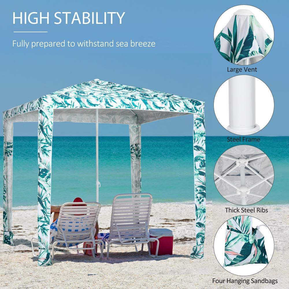 Outsunny Quick Beach Cabana Canopy Umbrella, 6.5' Easy-Assembly Sun-Shade Shelter with Sandbags, Cool UV50+ Fits Kids & Family, Green Coconut Palm