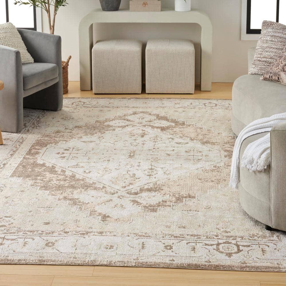 Haydel Oriental Machine Washable Power Loom Polyester Area Rug in Beige