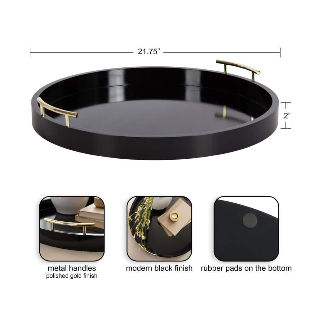 Kate and Laurel Lipton Round Decorative Tray with Metal Handles, 22" Diameter, Black