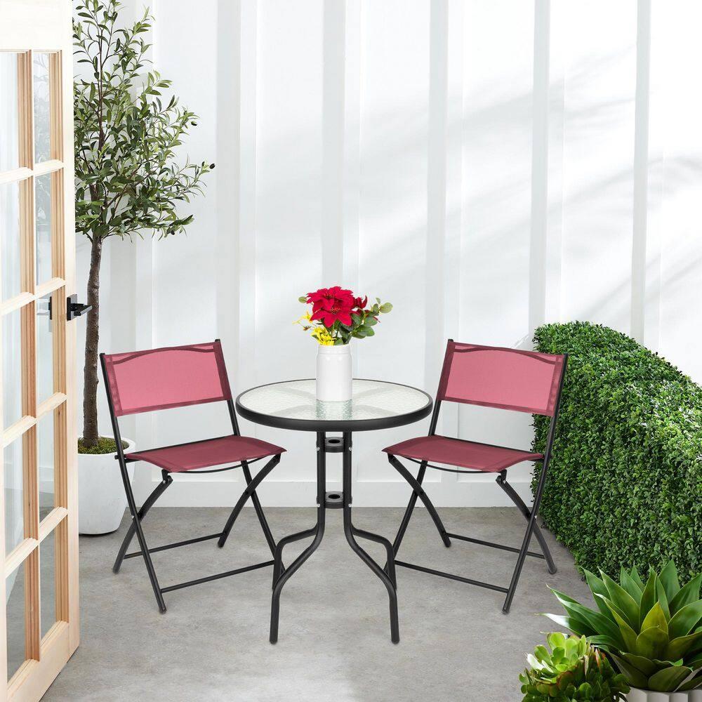 Best Choice Products 3-Piece Patio Bistro Dining Furniture Set w/ Glass Tabletop, Folding Chairs - Burgundy