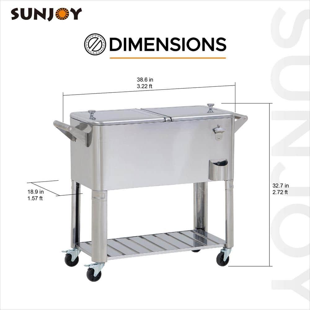 Sunjoy Sunjoy 80 Quart Patio Cooler Cart Stainless Steel Rolling Ice Chest With Steel Bottle Opener, Shelf And Lockable Wheels