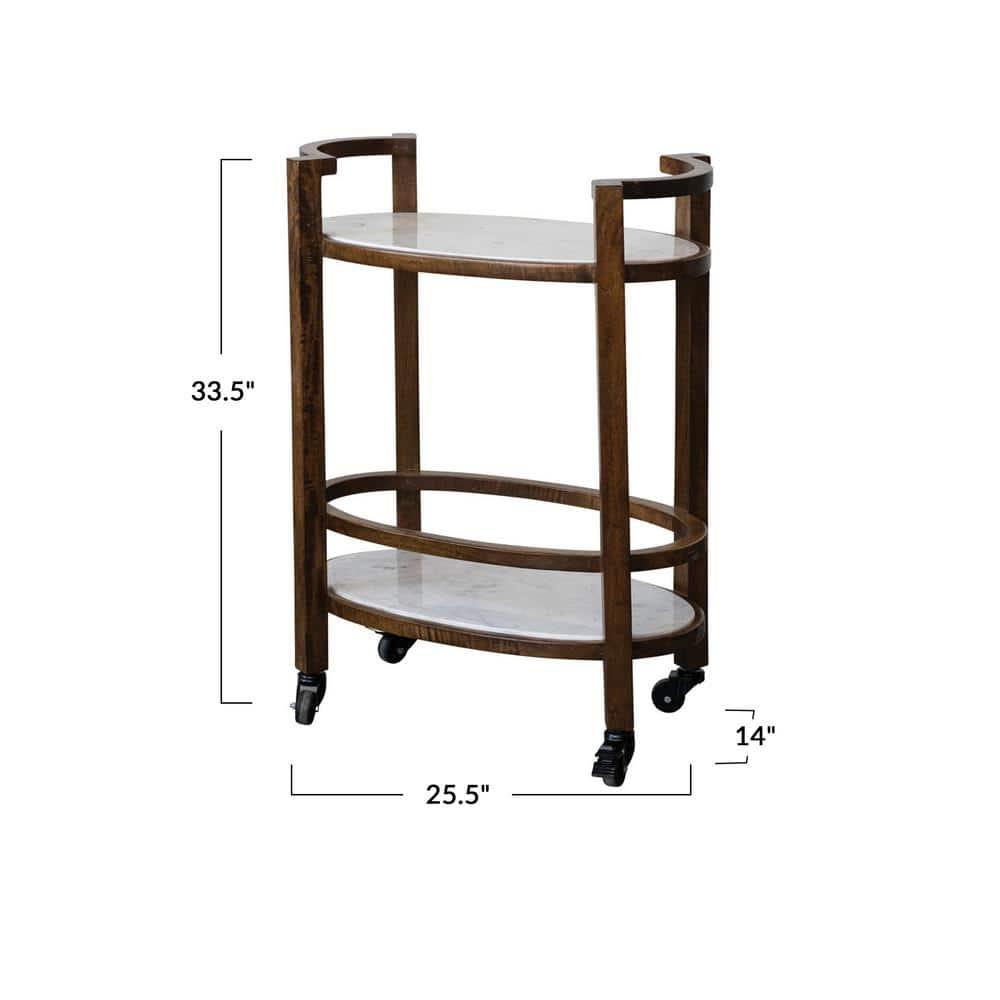 Walnut Finish and White Mango Wood and Marble 2-Tier Bar Cart