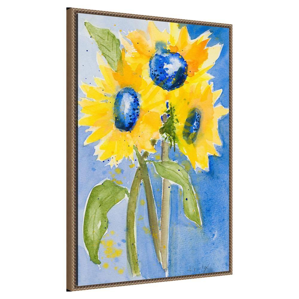 23"x33" Sunflowers by Krinlox Framed Canvas Wall Art Print Bronze - Amanti Art: Modern Botanical Lithograph, Polystyrene Frame