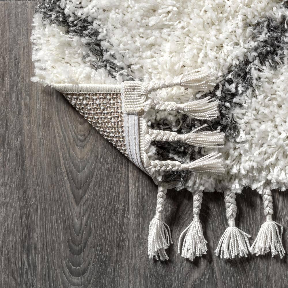8'x10' Mercer Shag Plush Tassel Moroccan Geometric Trellis Area Rug, Cream/Grey - JONATHAN Y