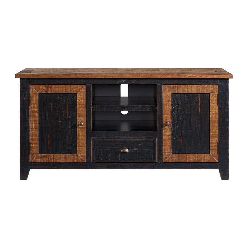 The Gray Barn  Downington Solid Wood 60-inch TV Stand Black and Honey Pine Finish, Wood Finish Adjustable Shelving Nautical & Coastal, Rustic