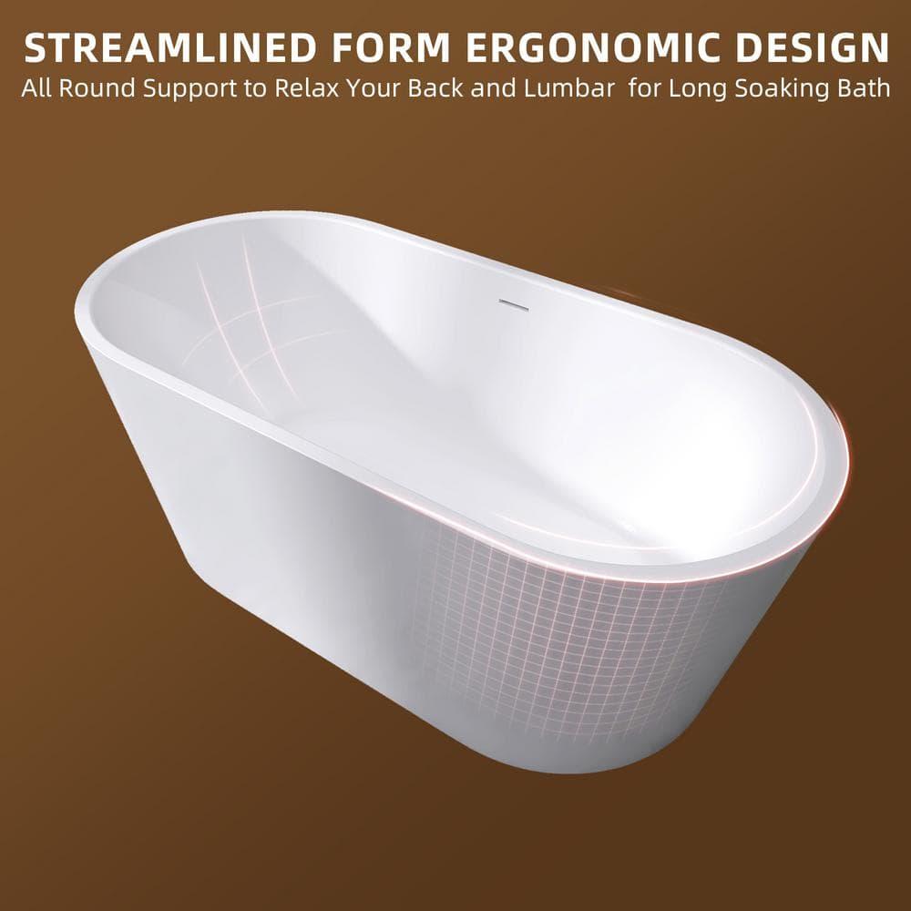 55" Freestanding Soaking Acrylic Bathtub Contemporary Stand Alone Tub with Pop-Up Drain