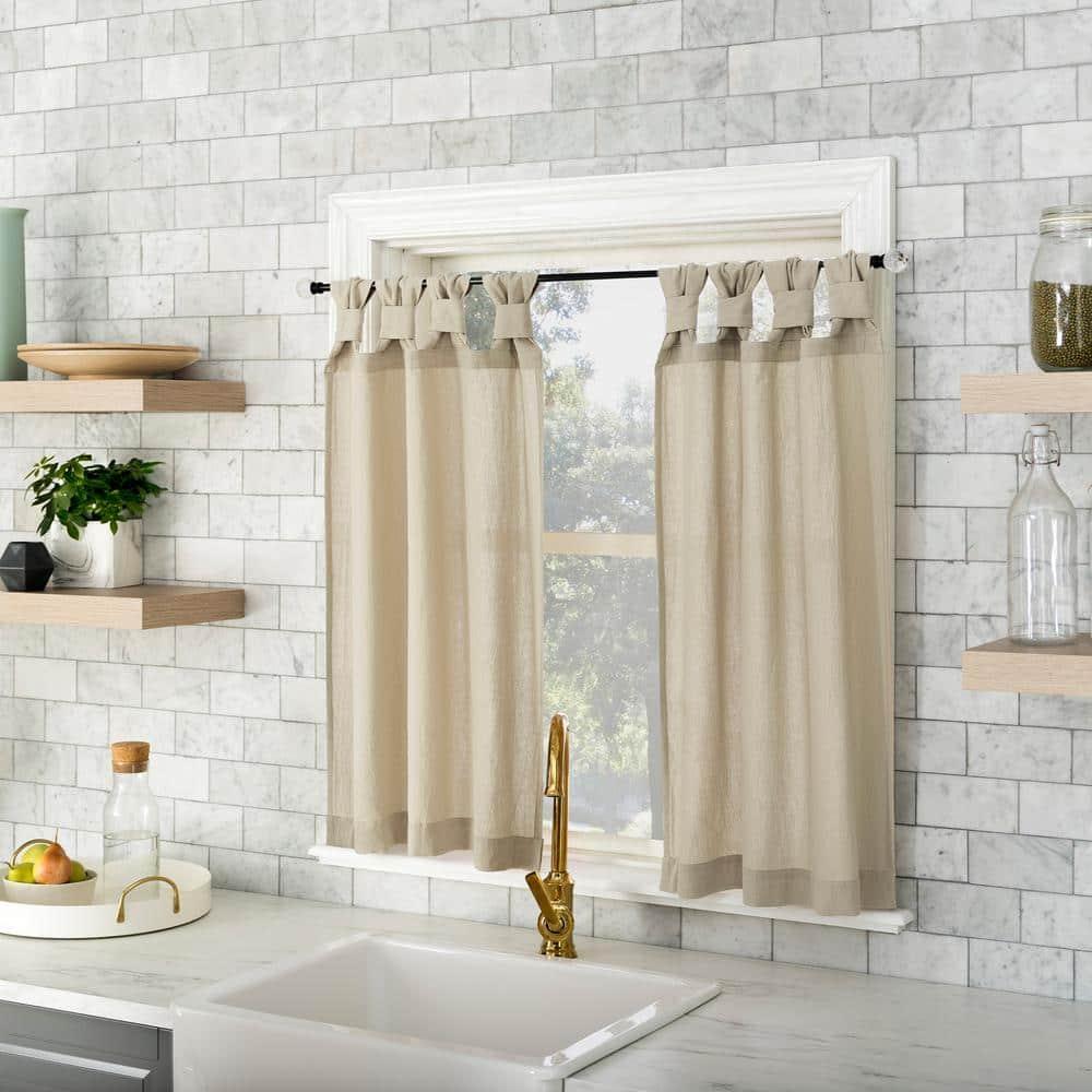 2pc 52"x45" Archaeo Washed Cotton Twist Tab Cafe Curtain Tier Pair Oatmeal: Kitchen Curtains, 45 Inch Long, Solid Beige