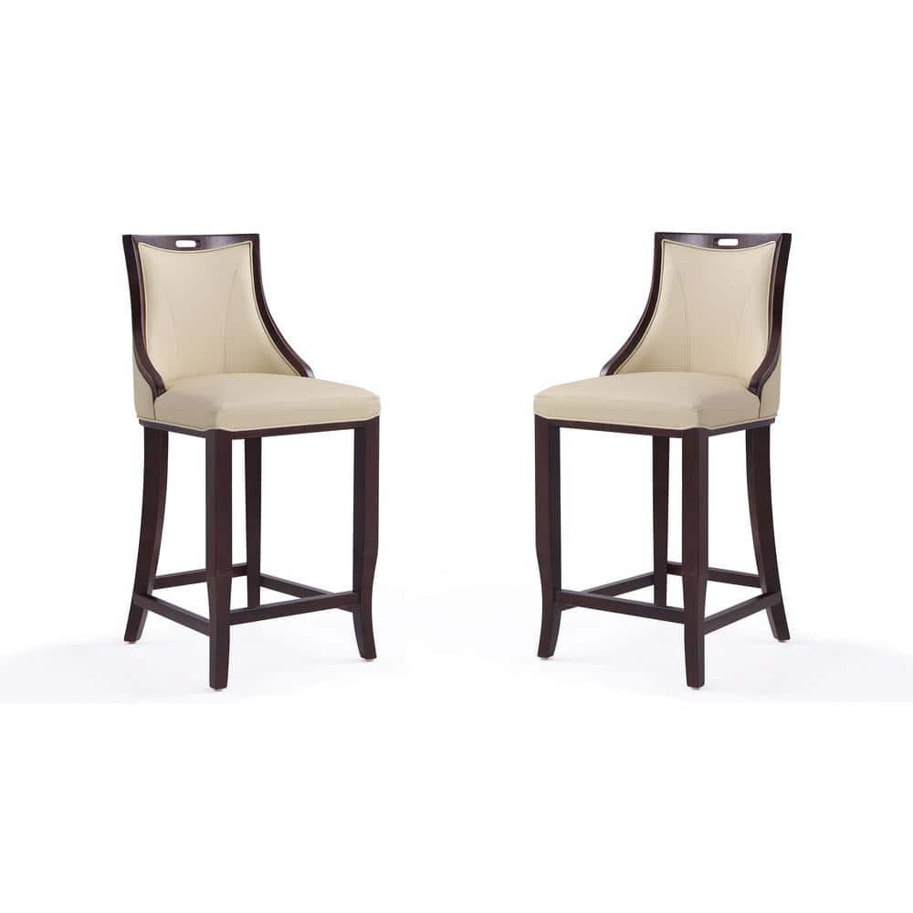 Manhattan Comfort Set of 2 Emperor Upholstered Beech Wood Faux Leather Barstools Cream: With Backs, Fixed Height 27"