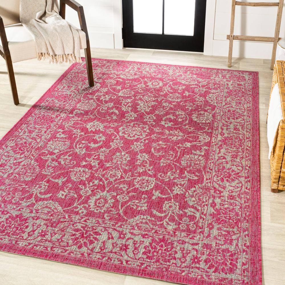 9' x 12' Tela Bohemian Textured Weave Floral Indoor/Outdoor Area Rug, Fuchsia/Light Gray - JONATHAN Y