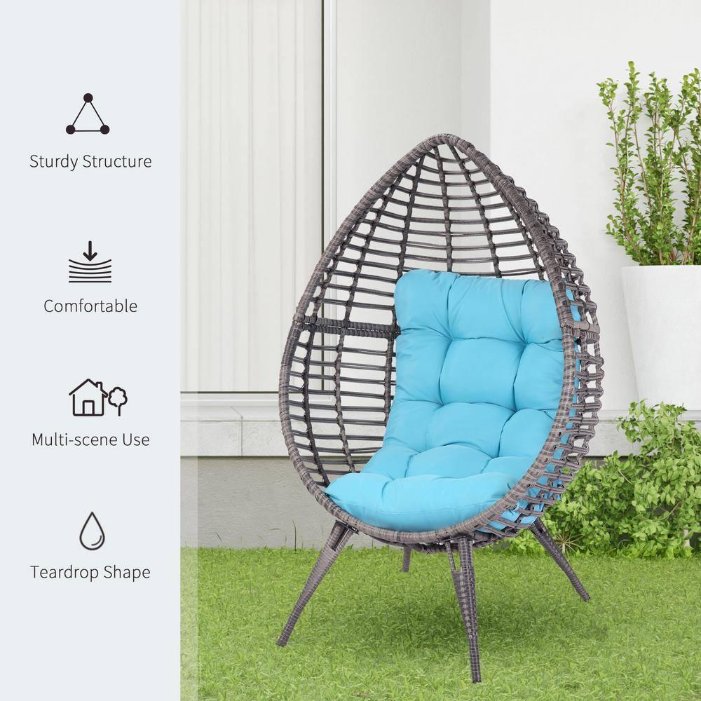 Outsunny Egg Chair w/ Soft Cushion, Teardrop Cuddle Seat, Outdoor / Indoor, PE Plastic Rattan Furniture, Adjustable Height, sky Blue