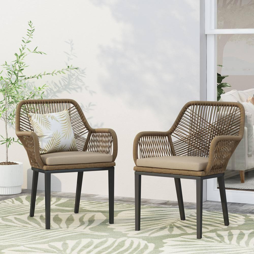 2pk Russel Outdoor Wicker Dining Chairs with Cushions Light Brown/Beige - Christopher Knight Home: Weather-Resistant Iron Frame