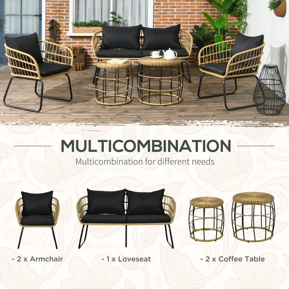 Outsunny 5 Piece PE Rattan Outdoor Furniture Set with Cushioned Chairs, Loveseat Sofa & Stackable Coffee Tables, Black