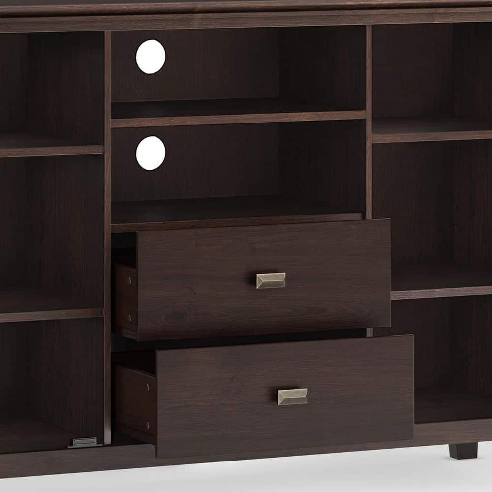 Simpli Home Artisan TV Media Stand in Dark Chestnut Brown