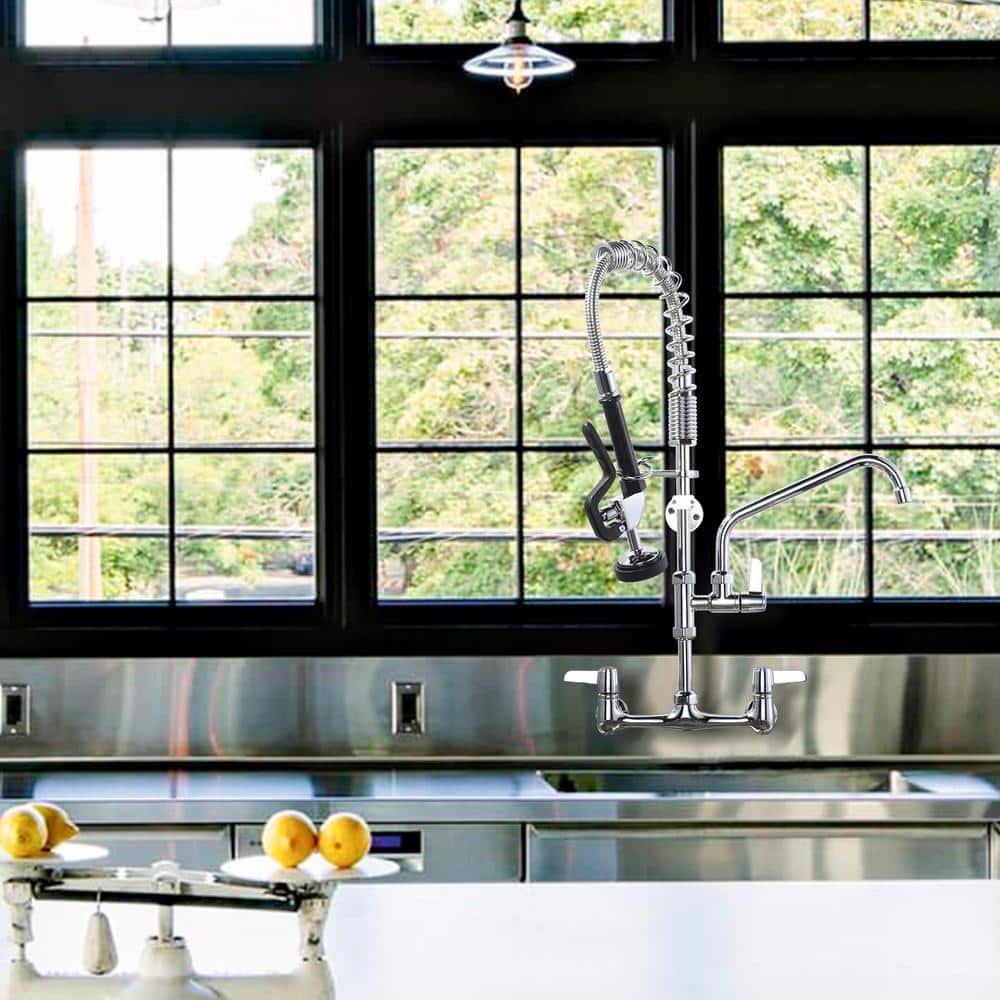 Commercial Kitchen Sink Faucet with Pull Down Sprayer, Pre-Rinse Wall Mount Faucet Chrome Commercial Kitchen Faucets with Sprayer 25" Height Water Faucets with 9.6" Add-on Swing Spout for Restaurant