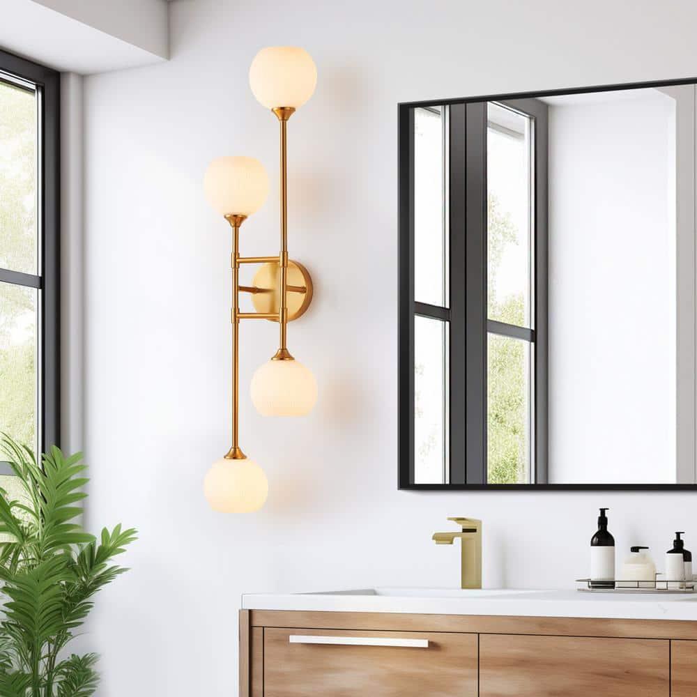 KAWOTI 4-Light Wall Sconces Bathroom Vanity Light Fixtures with Frosted White Glass Shade, Metal Wall Light for Bedroom Living Room