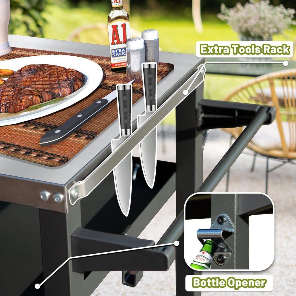 Go Peak Track 3-Shelf Outdoor Grill Table, Grill Cart Outdoor With Wheels, Pizza Oven And Food Prep Table, Blackstone Table With Stainless Steel Tabletop, Grill Stand For Blackstone Griddle For Outside BBQ