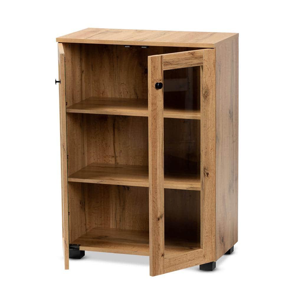 Mason Wood 2 Door Storage Cabinet with Glass Doors Oak Brown/Black - Baxton Studio: Contemporary Design, 3 Fixed Shelves