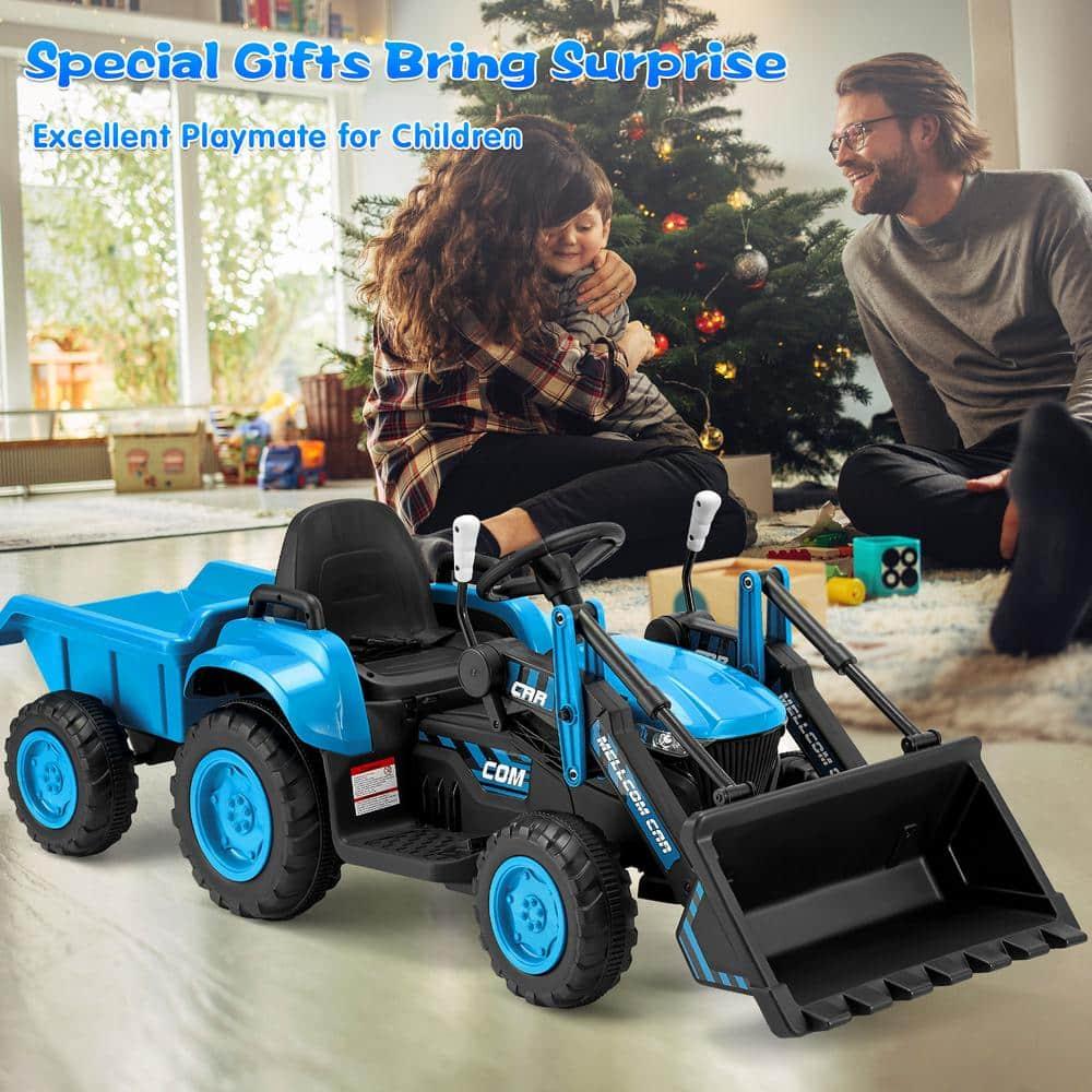 Erommy Ride on Bulldozer Toys with Remote Control, 12 V Battery Powered Ride on Tractor with Trailer, Front Loader Bucket, Horn, Lights, Music