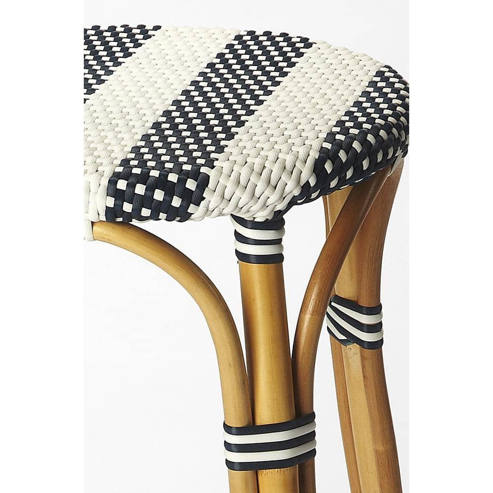Butler Specialty Company Tobias Round Rattan 30" Bar Stool - White & Navy Stripe