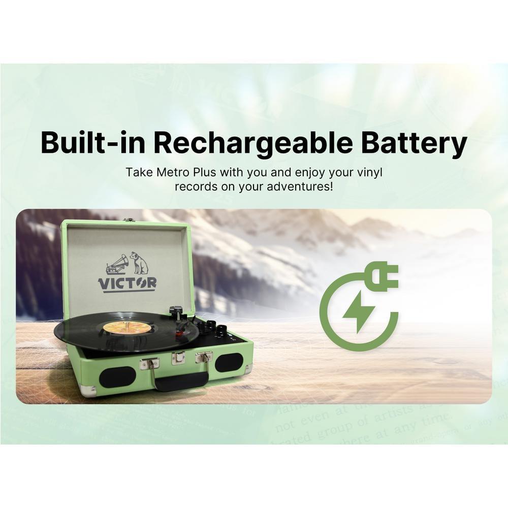 Victor Metro Plus Battery-Powered Bluetooth Suitcase Turntable | 3-Speed Vinyl Record Player with Built-in Stereo Speakers, Rechargeable Battery, RCA Output, Aux Input, and 45 RPM Adaptor, VSRP-850B