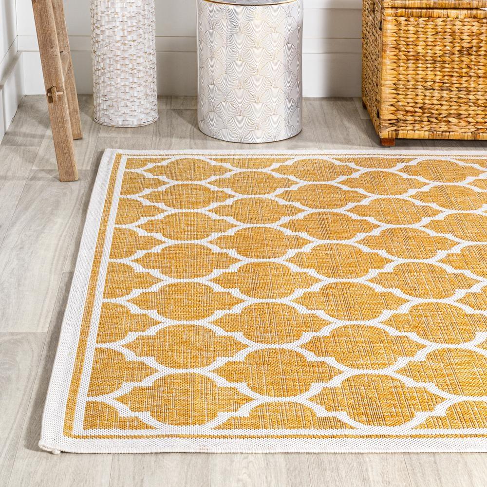 9' x 12' Trebol Moroccan Trellis Textured Weave Indoor/Outdoor Area Rug, Yellow/Cream - JONATHAN Y