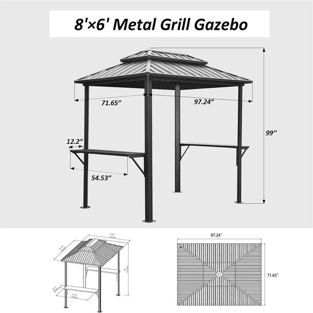 Gzxs 8’ x 6’ Grill Gazebo, Outdoor Aluminum BBQ Gazebo with 2 Side Shelves Serving Table, Hardtop Double Roof Permanent Sun Shade for Patio Deck Yard Garden (Gray)