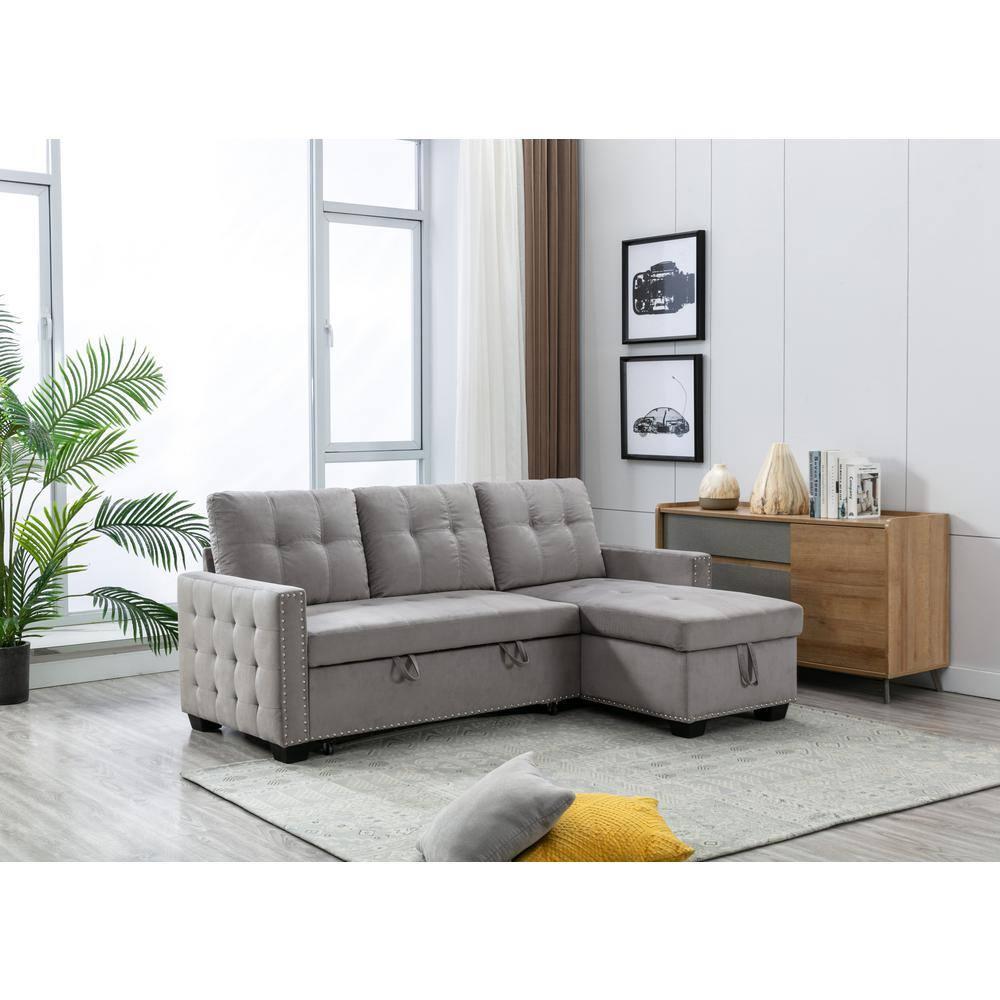 Bowery Hill Reversible Sleeper Sofa with Storage/USB Charging Port in Gray