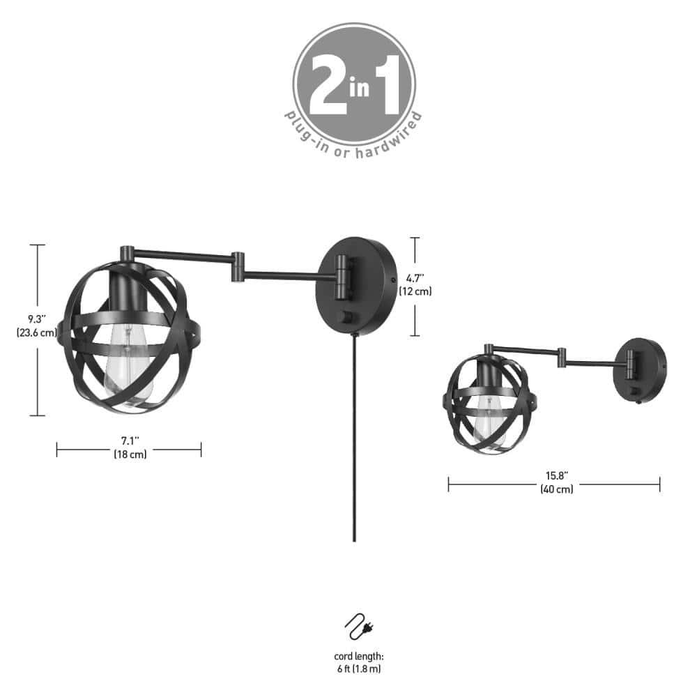 Globe Electric Tatum 1-Light Dark Bronze Plug-In or Hardwire Swing Arm Wall Sconce, 51544