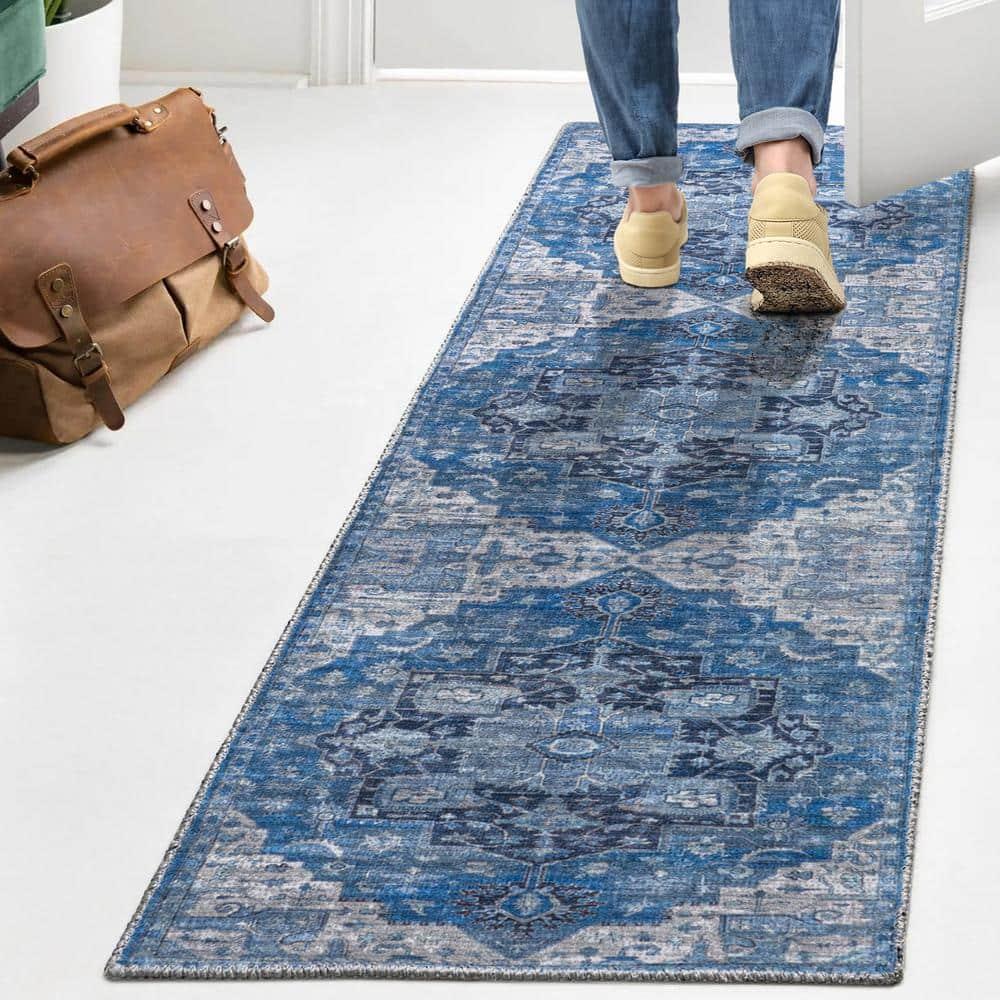 2' x 8' Maris Ornate Medallion Machine Washable Indoor/Outdoor Runner Rug, Blue/Navy - JONATHAN Y
