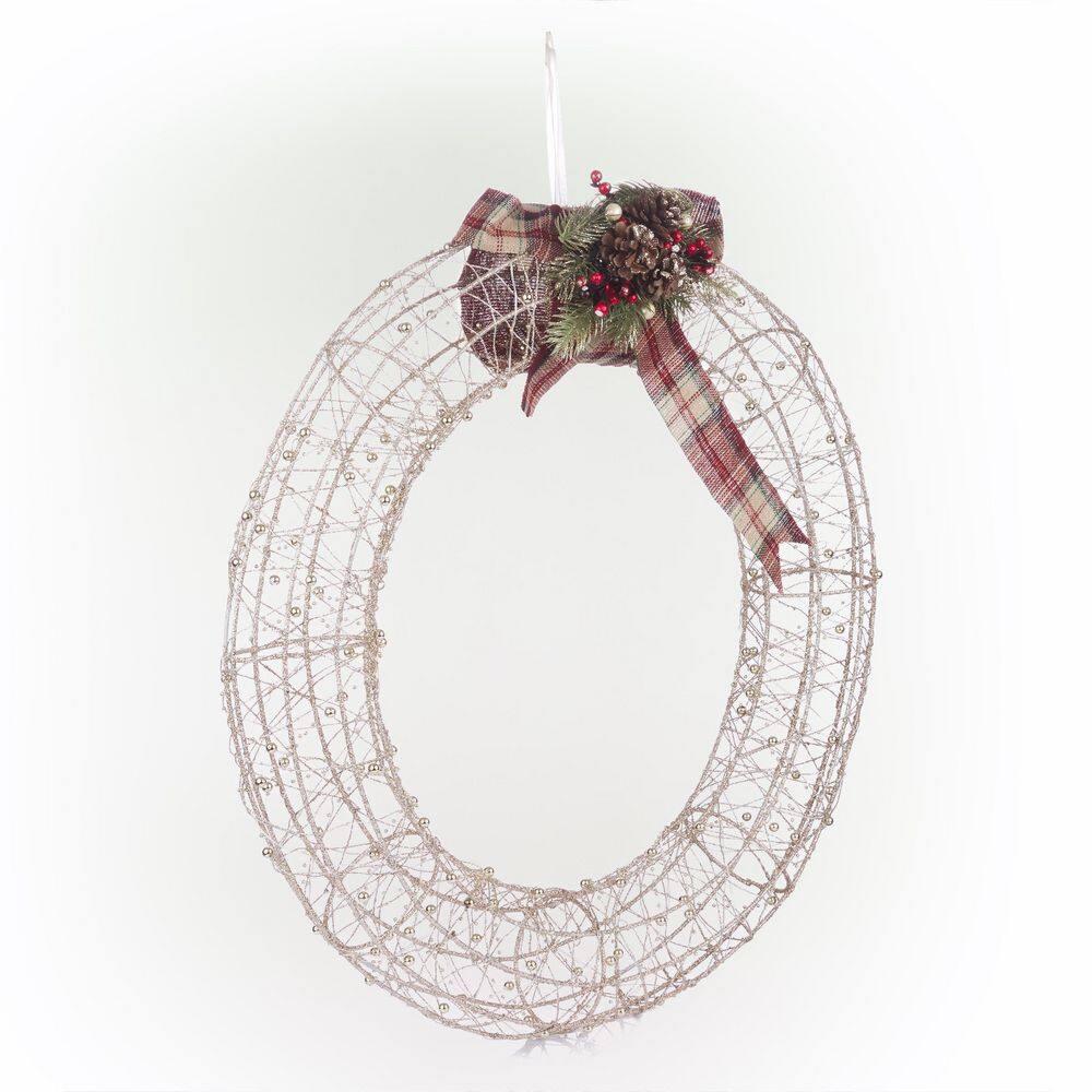 Hanging Christmas Wreath Decoration with Warm White LED Lights, Gold