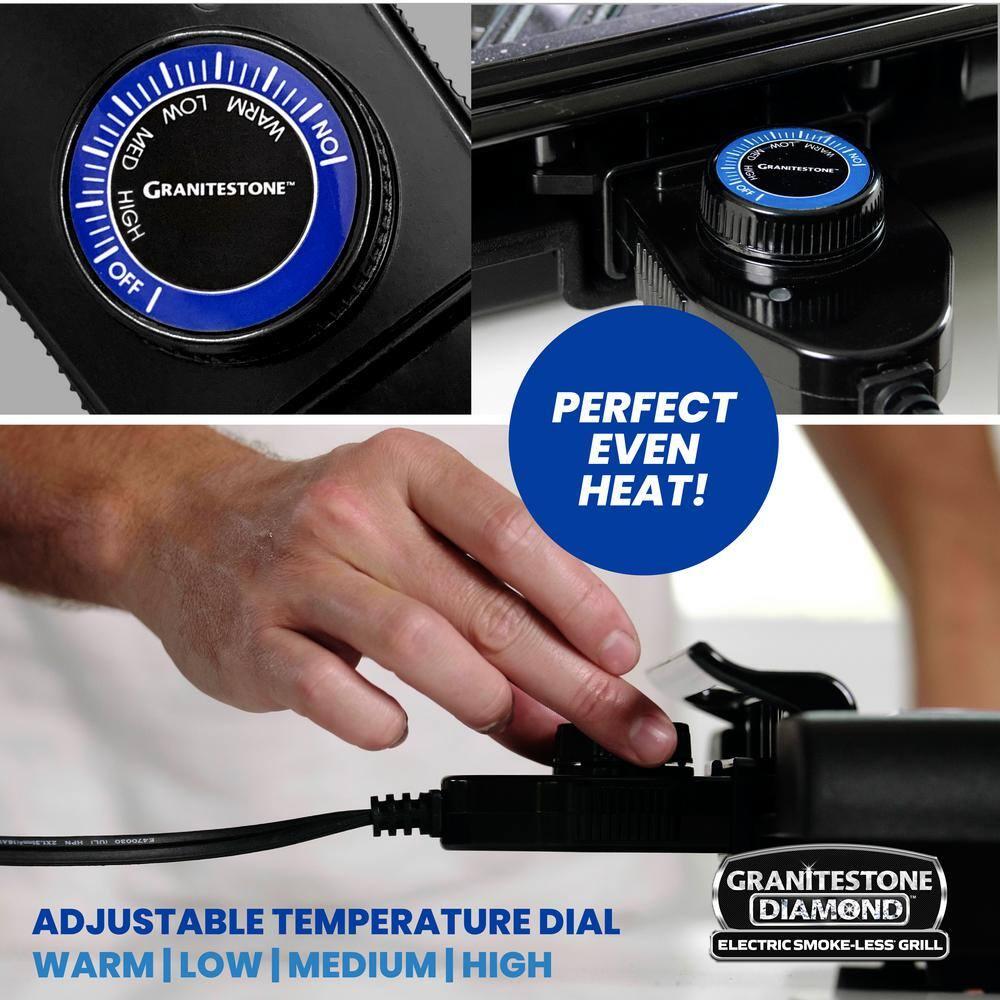 Granite Stone Indoor Nonstick Electric Smoke-Less Grill with Cool-Touch Handles and Adjustable Temperature Dial – Black, 16" x 14”