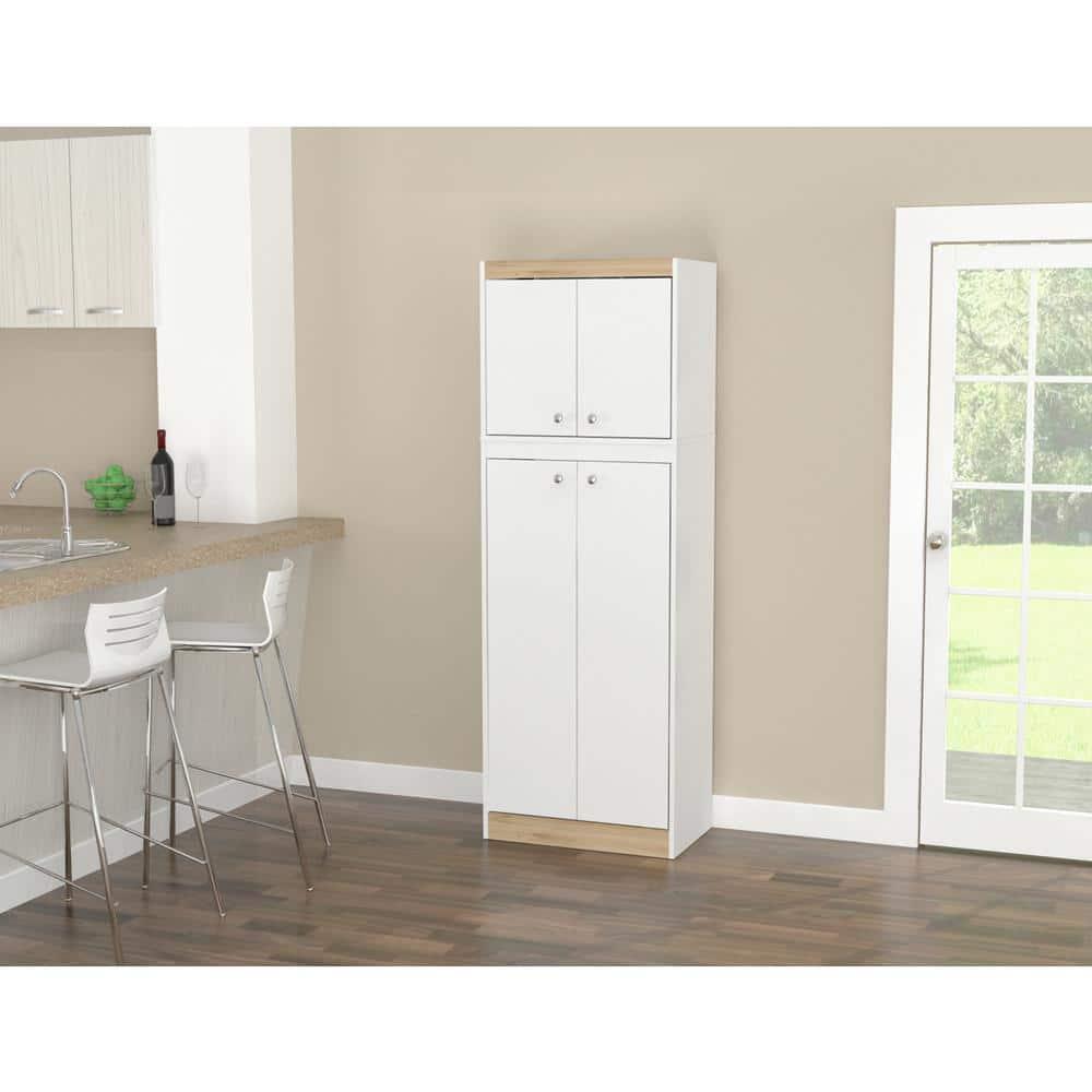 4 Doors Kitchen Storage Cabinet White/Oak - Inval: Modern Pantry with Adjustable Shelves