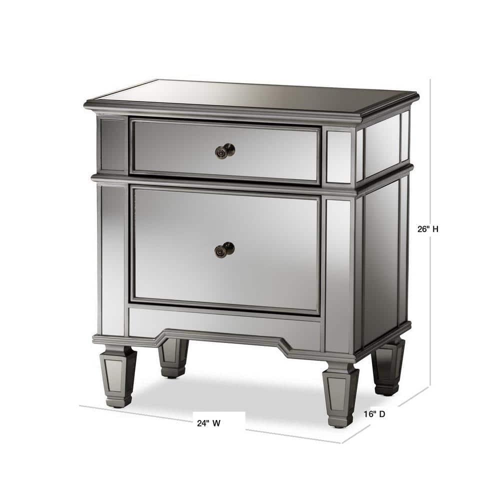 Sussie Hollywood Regency Glamour Style Mirrored 2 - Drawer Nightstand - Baxton Studio: Bronze Hardware, Beveled Top