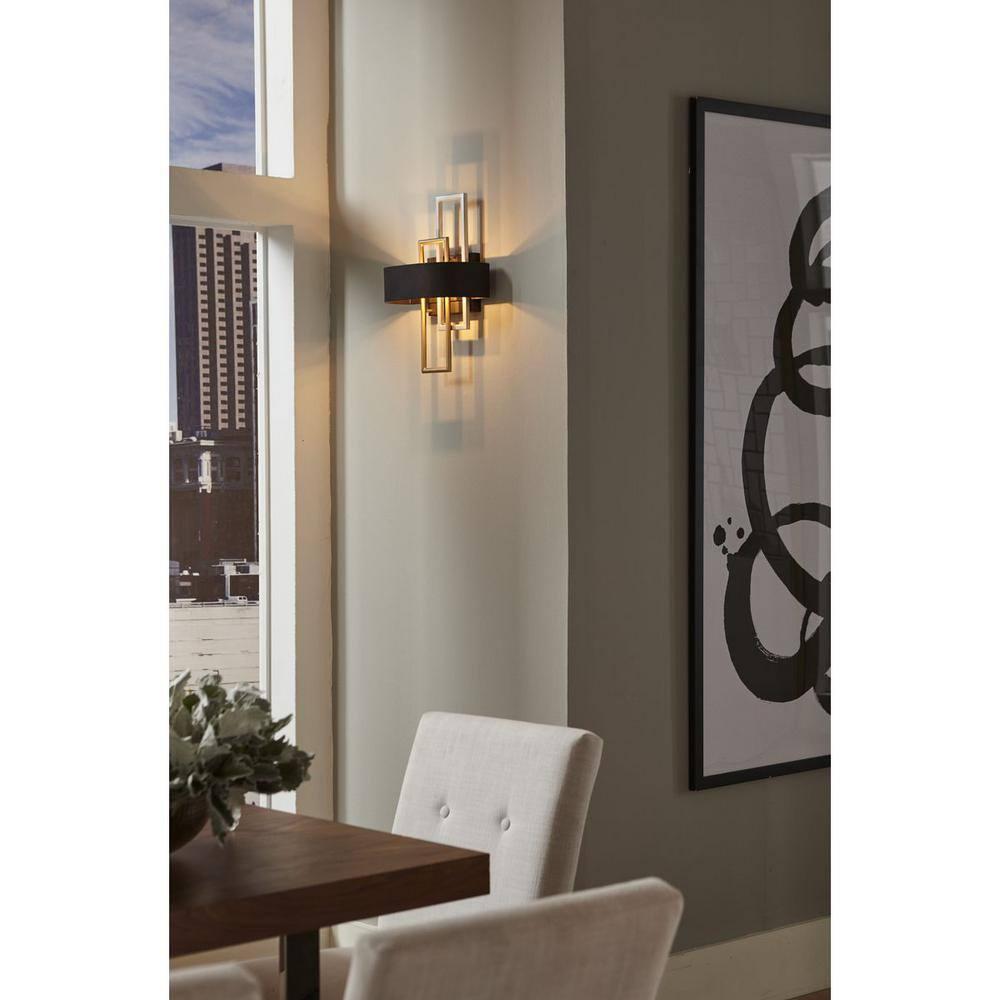 Progress Lighting Adagio 2-Light Wall Sconce, Black, Geometric Pattern, Steel, Damp Rated, Brushed Silver and Brass Accents