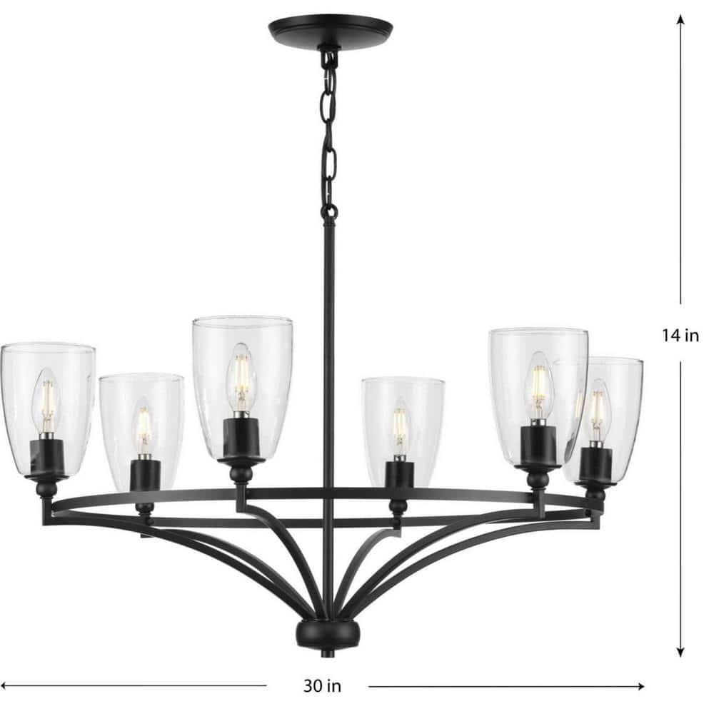 Progress Lighting Parkhurst 6-Light Chandelier, Matte Black, Glass, Transitional, No Shade