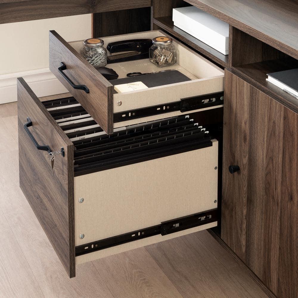Helsy L-Shaped Desk with Power Bar and Removable Hutch Natural Walnut