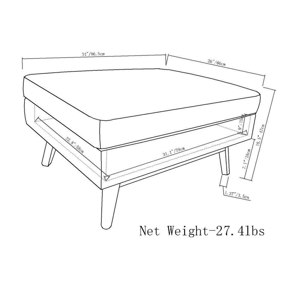 Simpli Home Owen 34"W Upholstered Coffee Table Storage Ottoman with Lift Top and Solid Wood Legs