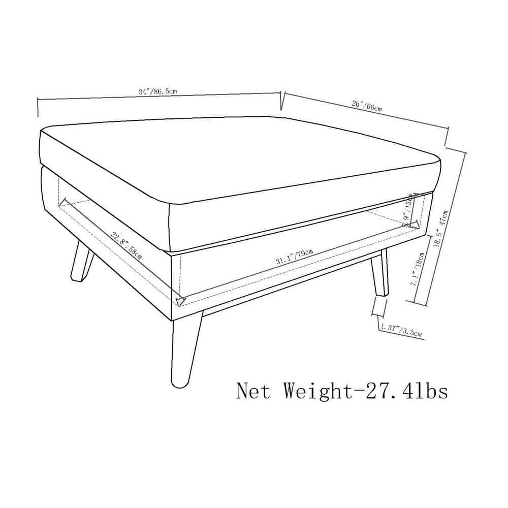 Simpli Home Owen 34"W Upholstered Coffee Table Storage Ottoman with Lift Top and Solid Wood Legs