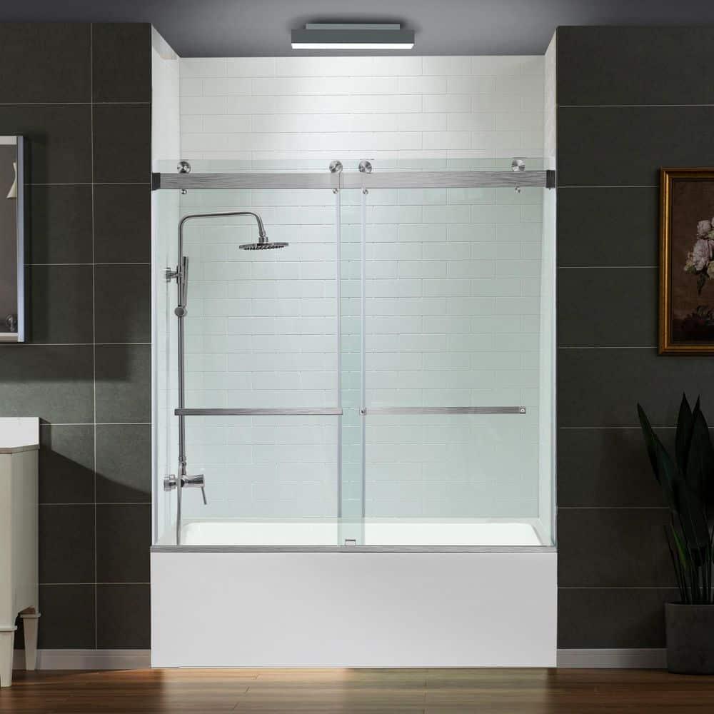 WoodBridge Frameless Single Sliding Shower Doors, 56-60" W X 62" H With 5/16" Clear Tempered Glass And Explosion-Proof Film MSDF6062-B