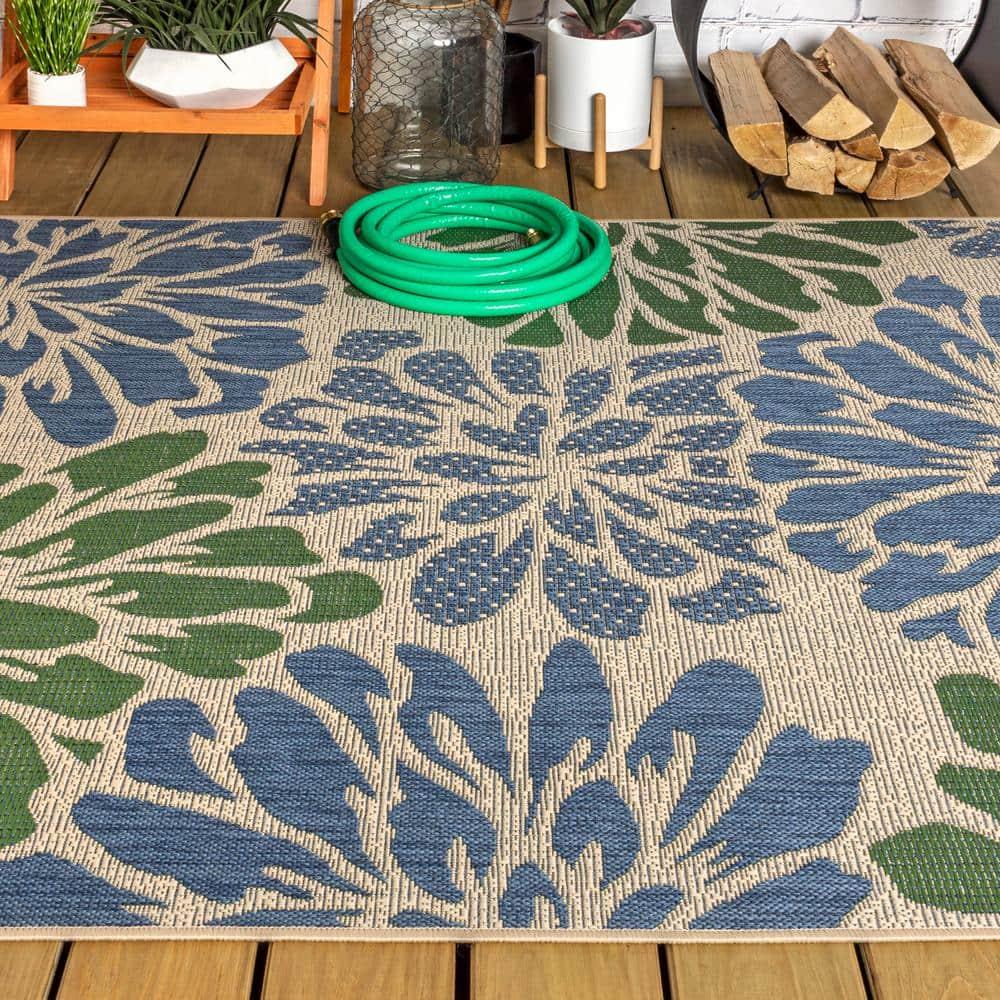 9' X 12' Zinnia Modern Floral Textured Weave Indoor/Outdoor Area Rug, Navy/Green - JONATHAN Y