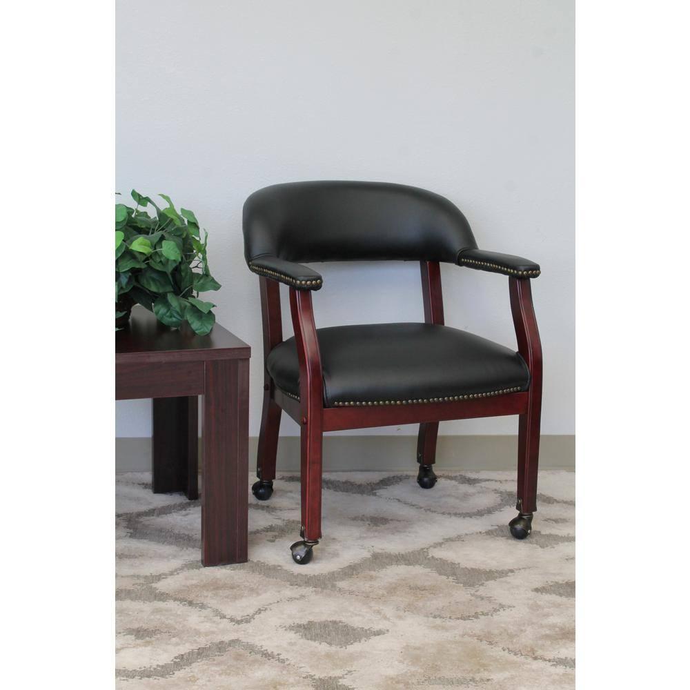 Captain's Chair with Casters Black - Boss Office Products: Mahogany Base, Vinyl Upholstery, Brass Castors