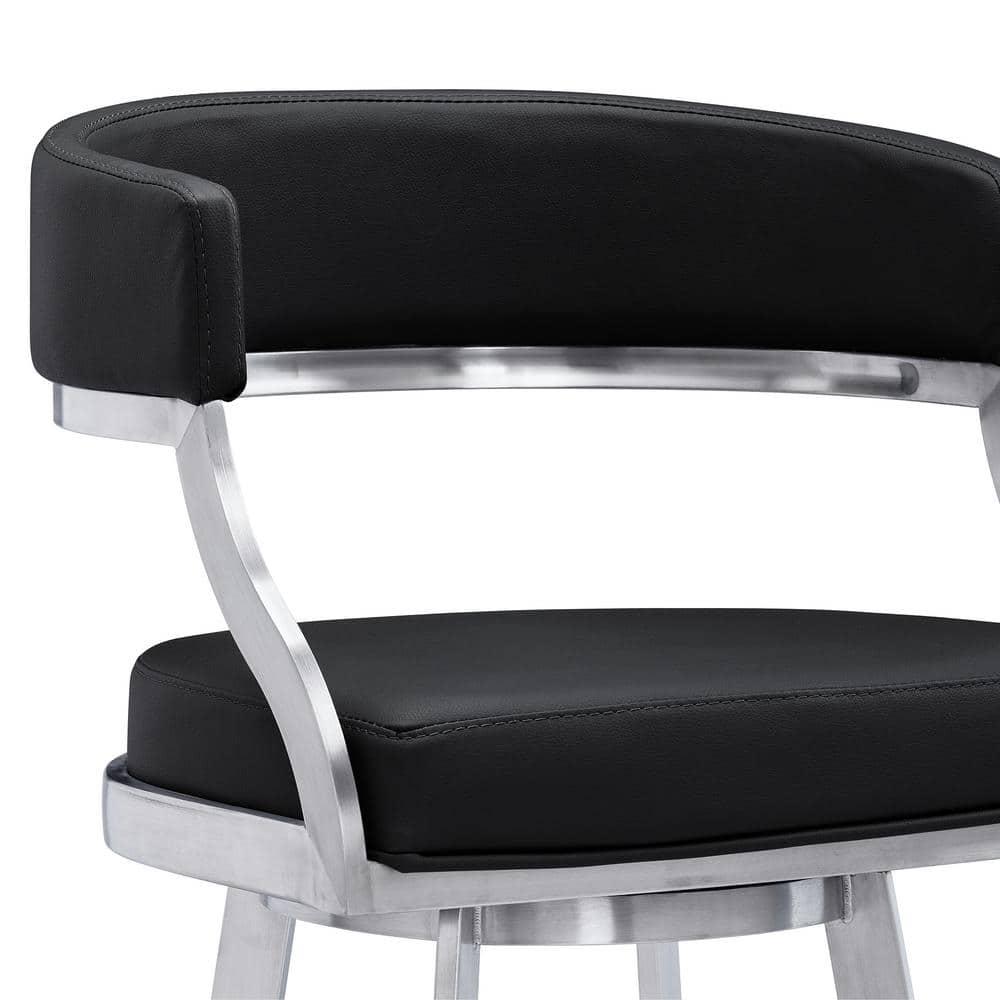 Dione 30" Seat Height Swivel Black Faux Leather and Brushed Stainless Steel Bar Stool for Kitchen Island Counter