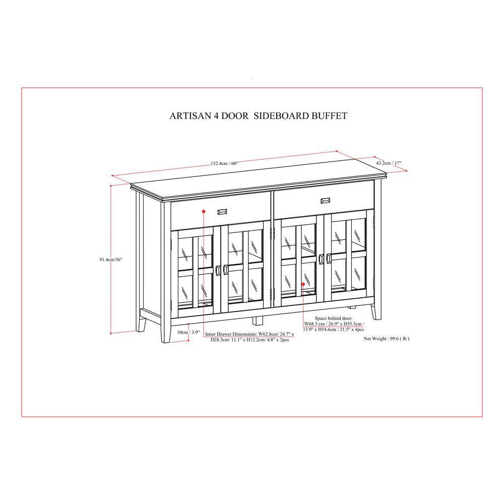 Simpli Home Artisan 60"W Solid Wood Sideboard Buffet with and Tempered Glass Doors and 3 Drawers