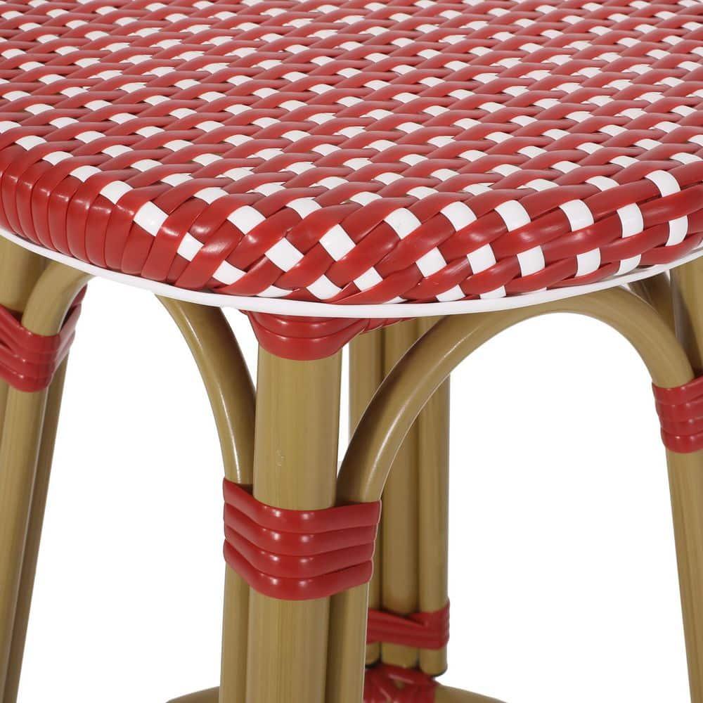 Wilbur Aluminum and Wicker Outdoor 29.5 Inch Barstools, Set of 2, Red, White, and Bamboo Finish