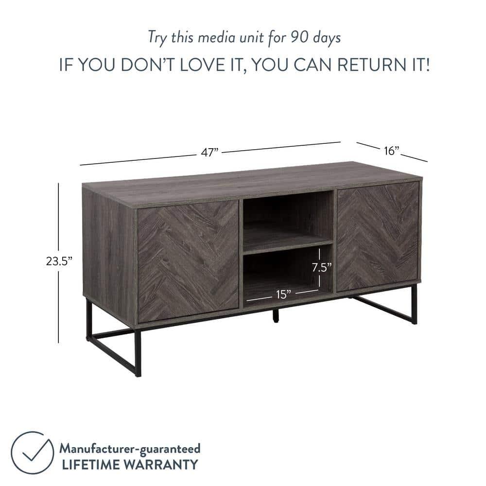 Nathan James Dylan Media Console Cabinet TV Stand with Hidden Storage Herringbone Pattern Wood Metal, Gray/Black